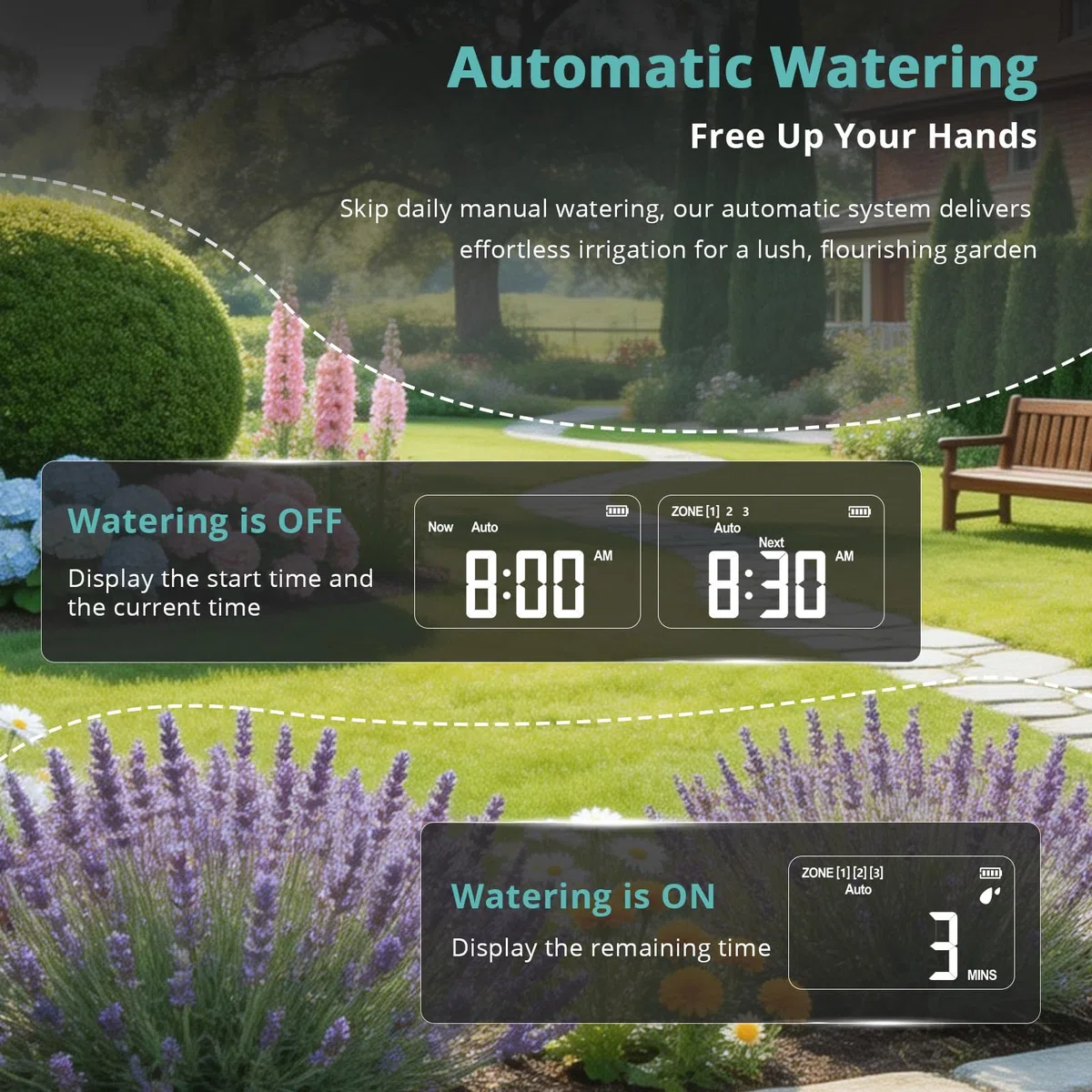QUOBAS Timer per irrigatore per tubo da giardino, programmabile in ottone, timer digitale dell'acqua con blocco bambini, ritardo pioggia/auto/manuale, 3 modalità, grande schermo impermeabile