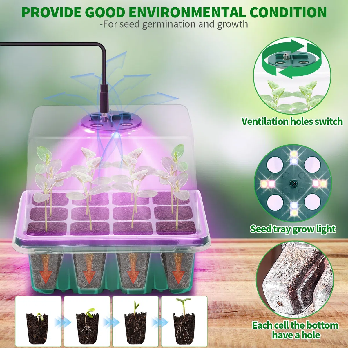 Qoolife Vassoio di avviamento per semi con luce per piante, confezione da 4 luci per la coltivazione di semi, kit di avviamento con cupole di umidità, regolatore di temporizzazione luminosità