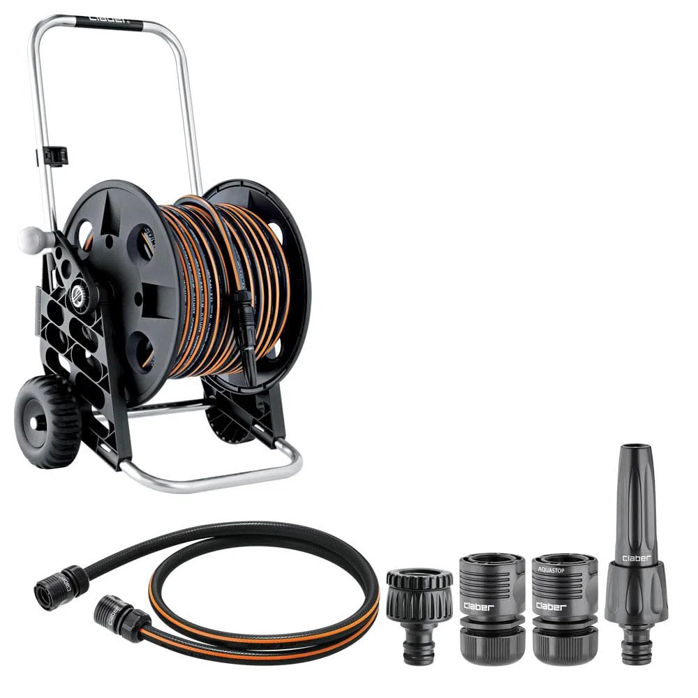 Claber Kit Pronto 30, carrello avvolgitubo manuale da giardino in plastica e alluminio con tubo e lancia