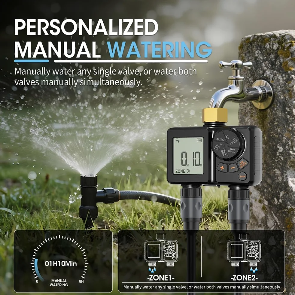 Computer di irrigazione, 2 uscite, irrigazione automatica, giunto girevole in ottone | Sistema di irrigazione da giardino con ritardo della pioggia, timer, rubinetto per giardino, esterno, serra