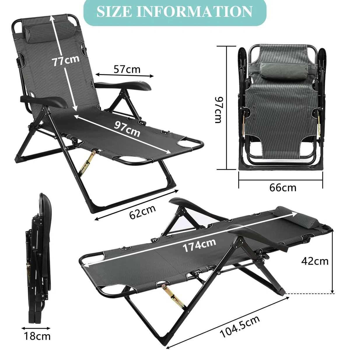 Sdraio da Giardino Pieghevole con Cuscino - Lettino Sedia a Sdraio Poltrona Relax Extra Large, 7 Schienali Regolabili, per Giardino Piscina Terrazza, Nero
