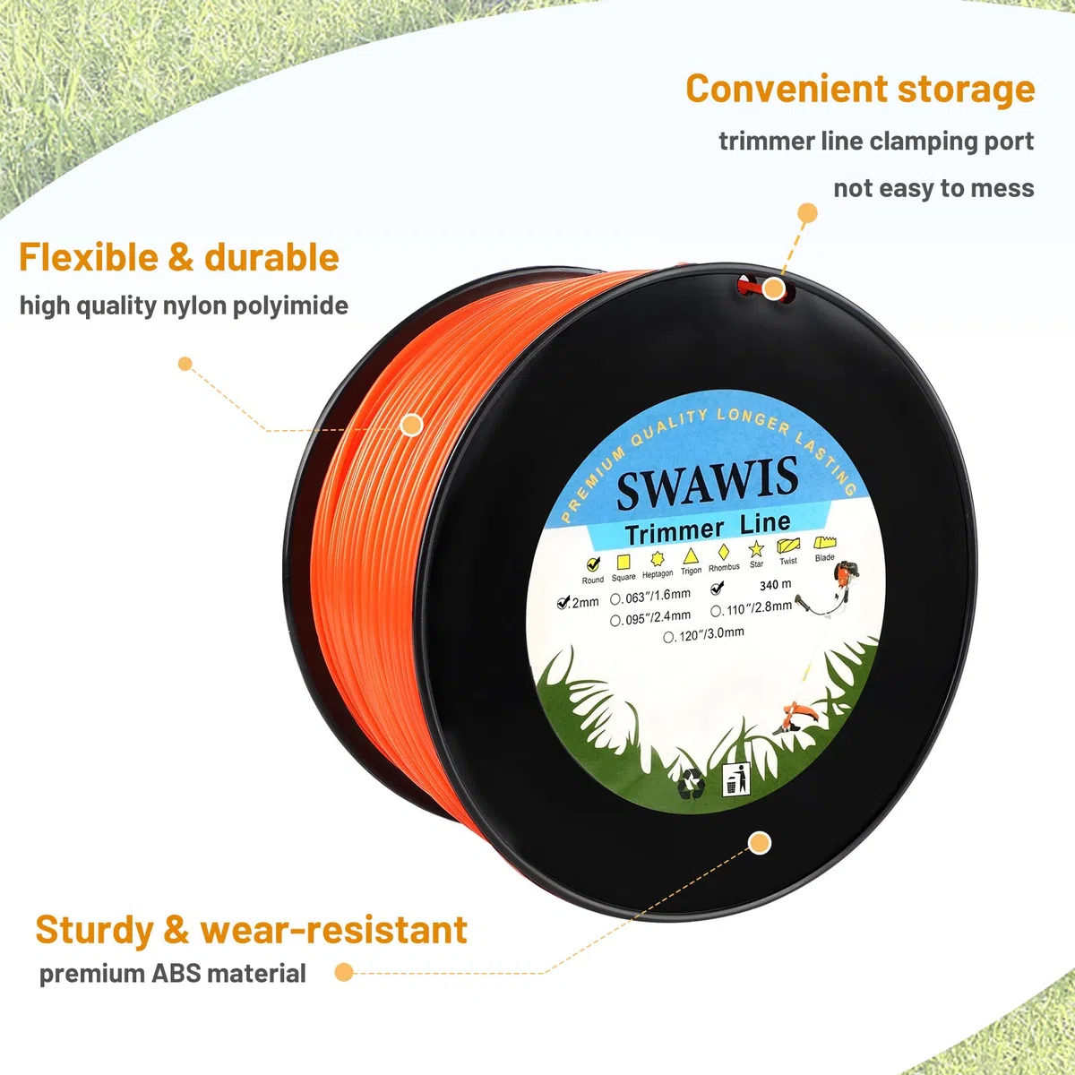 SWAWIS Filo di Ricambio per decespugliatore, 2,0 mm / 340 M, Rotondo, Filo di Ricambio per decespugliatore Weed Grass Yard o Garden, Arancione