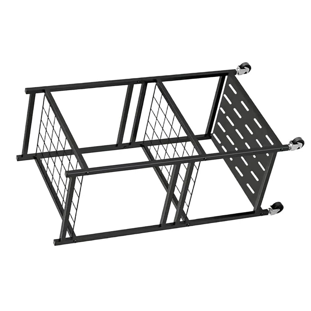 Scaffale da giardino, supporto in metallo per garage e organizzazione esterna, salvaspazio, pale, rastrelli, tubi, nero, 80 x 30 x 40 cm