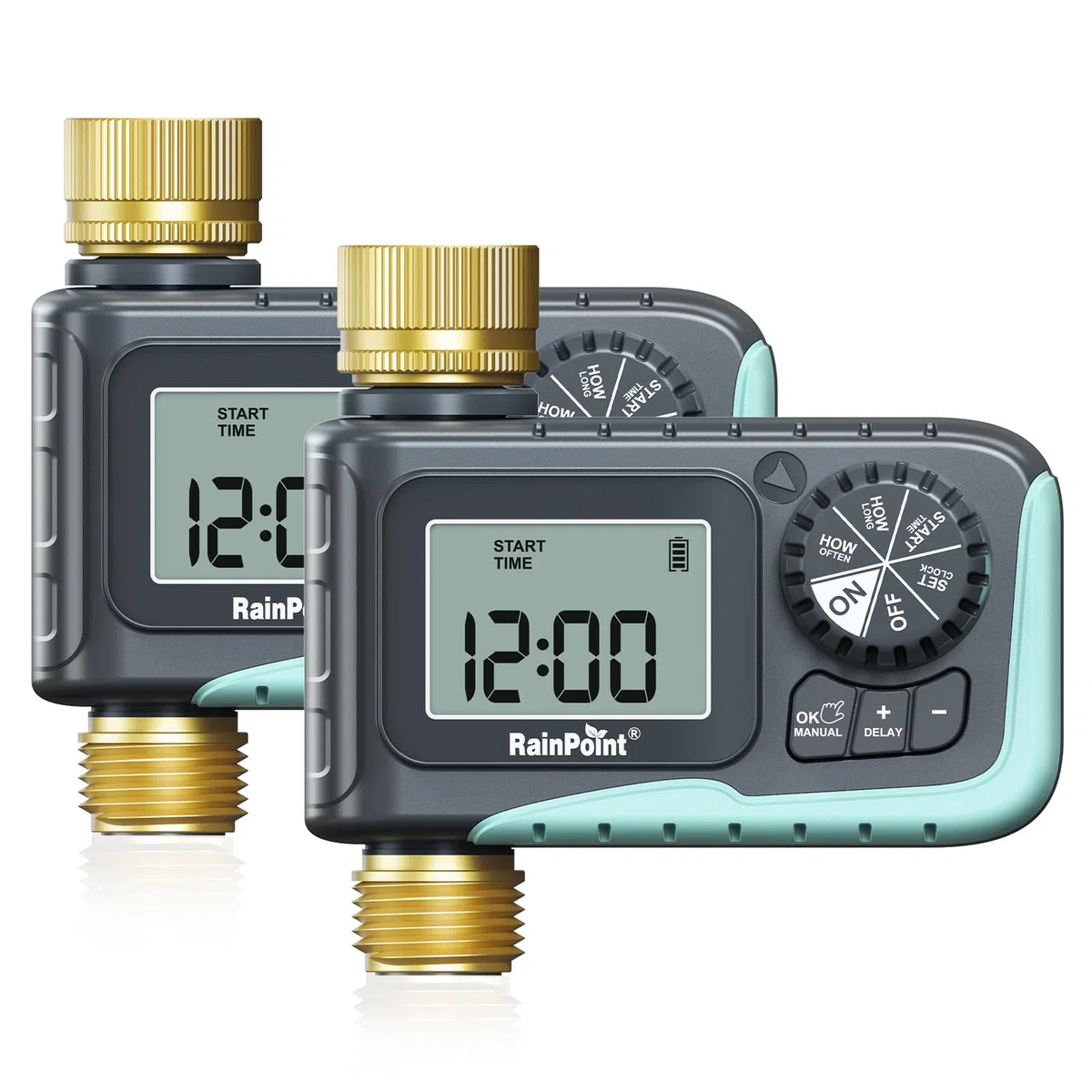 RAINPOINT Timer irrigatore con ingresso e uscita in ottone, timer programmabile per tubo da giardino con ritardo della pioggia/sistema di irrigazione manuale, irrigazione digitale a goccia per cortile