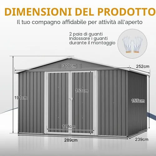 XXXL capanno per attrezzi 3x2,5m (300x252 cm) – Grande casetta da giardino con tetto a capanna e 2 porte a battente. Capanno in acciaio per motociclette e biciclette, grigio