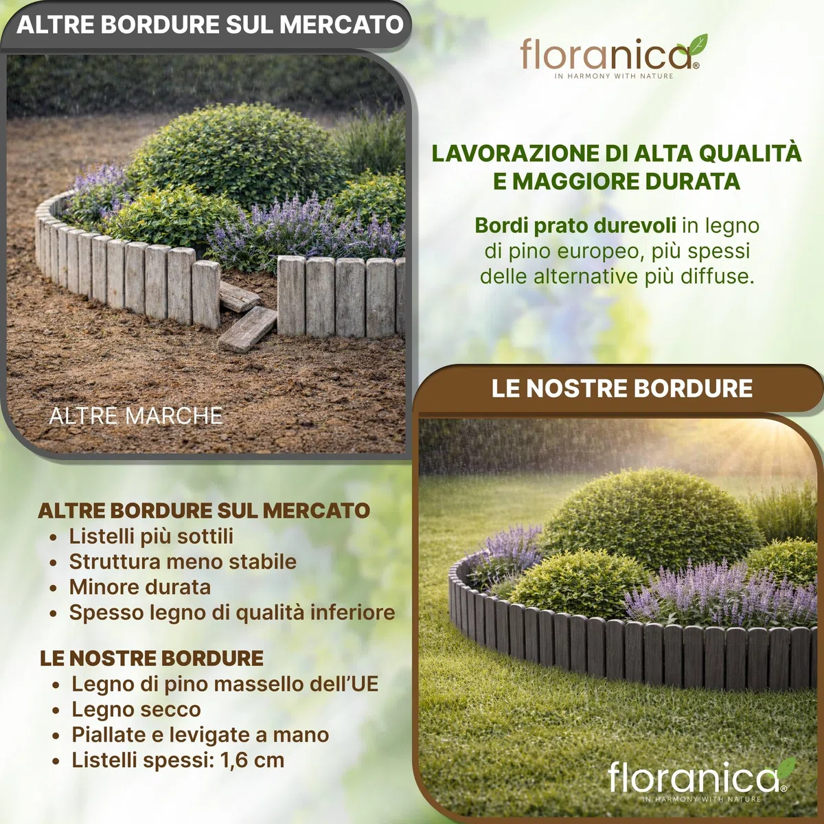 Floranica Bordura per prato 40 x 100 cm Grigio scuro Bordura per aiuole flessibile Staccionata in legno da piantare per prato