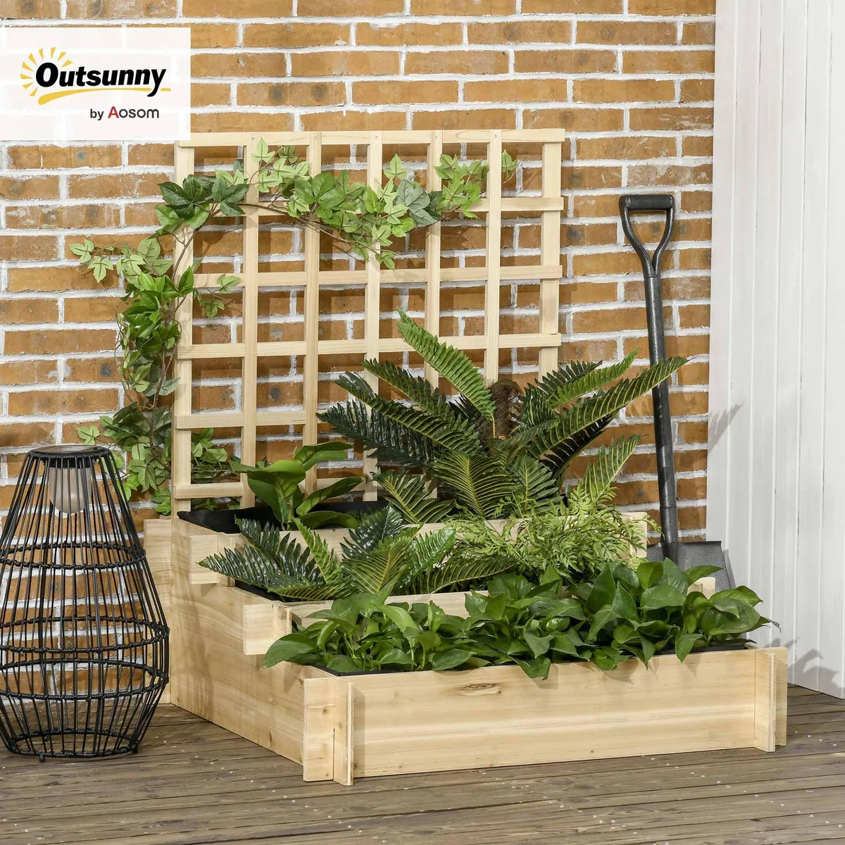 Outsunny Fioriera da Esterno a 3 Livelli con Grigliato in Legno di Abete e Tessuto non Tessuto, 95x95x110 cm, color Legno