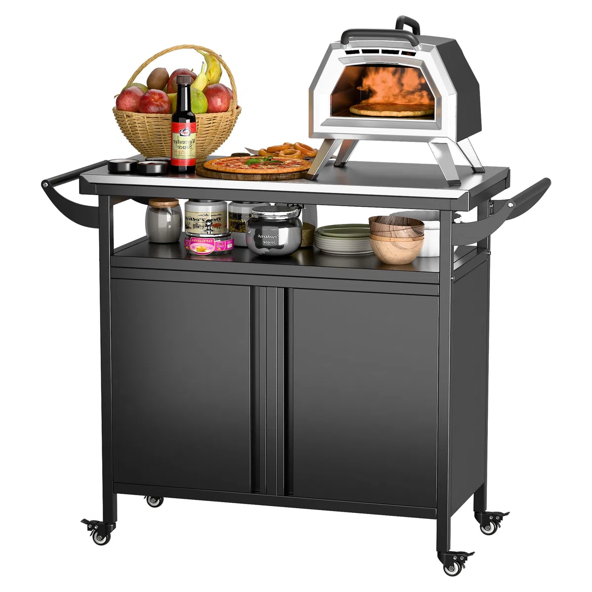 SUPEER Carrello per barbecue, tavolo per pizza con 4 ruote, 304 piani in acciaio inox, carrello per barbecue, carrello da servizio all'aperto, trolley da giardino