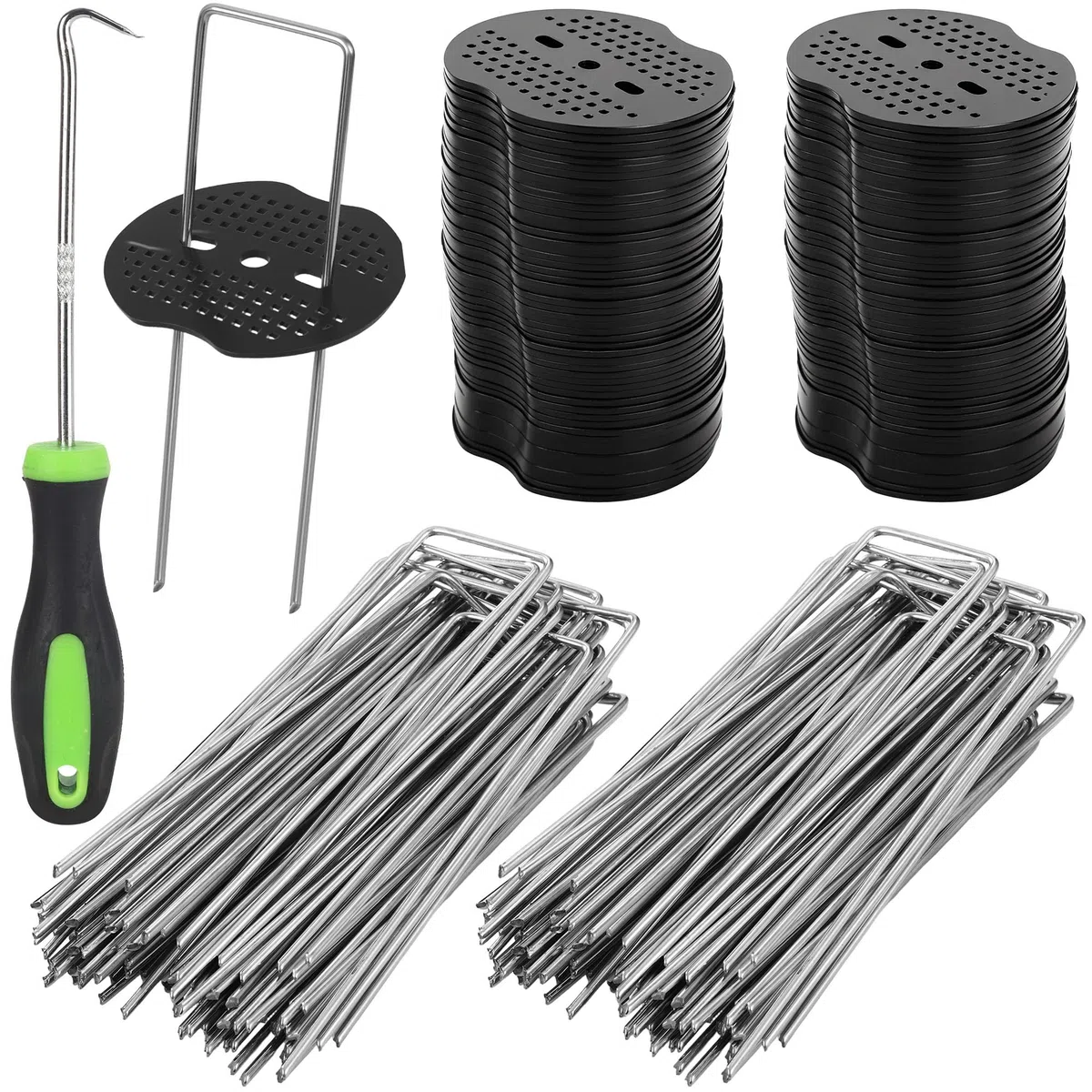 100 pcs Picchetti per Telo Pacciamatura con 100 Rondelle e Ganci Antiruggine Picchetti da Giardino 150x4mm Ø 2.5mm Per Prati,Giardini,Tubature (201, nero + argento)