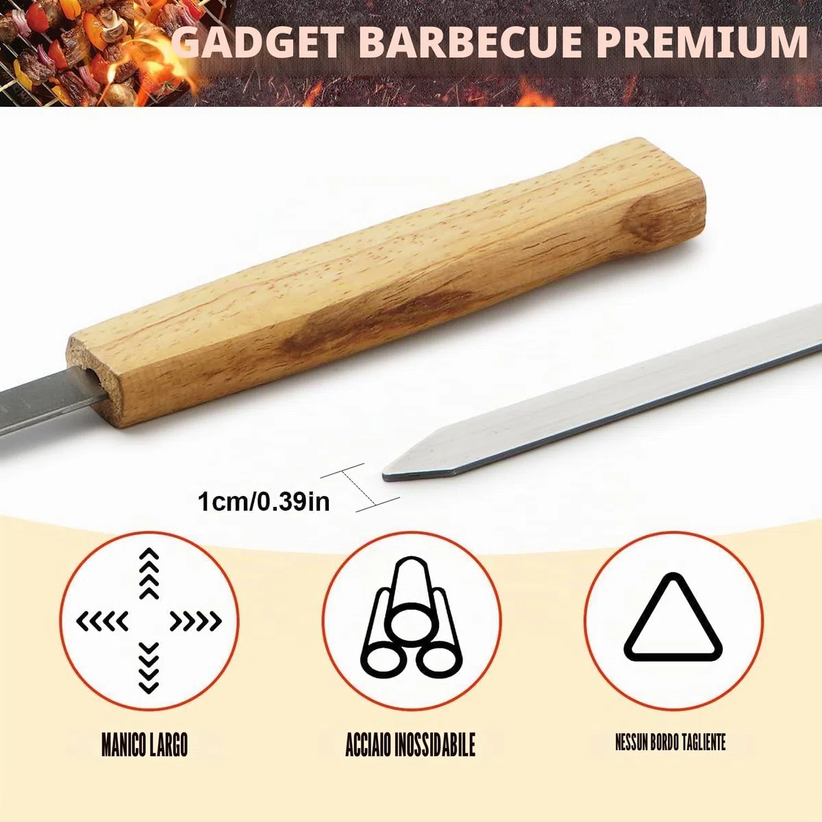 8 Pezzi Spiedini in Acciaio Inox con Manici in Legno di Faggio, Spiedini Barbecue Lunghi 42 cm, Spiedo per Barbecue Riutilizzabili, Accessori Barbecue per Verdure, Carne e Salsicce