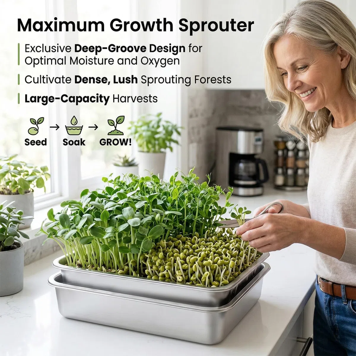 Set 2 Vassoi Germinazione in Acciaio Inossidabile 2 in 1 26 x 19 cm con Colino Fine e Vassoio per Germogli Crescita Microgreens Erba di Grano Riutilizzabile Anti-Ruggine Lavabile in Lavastoviglie
