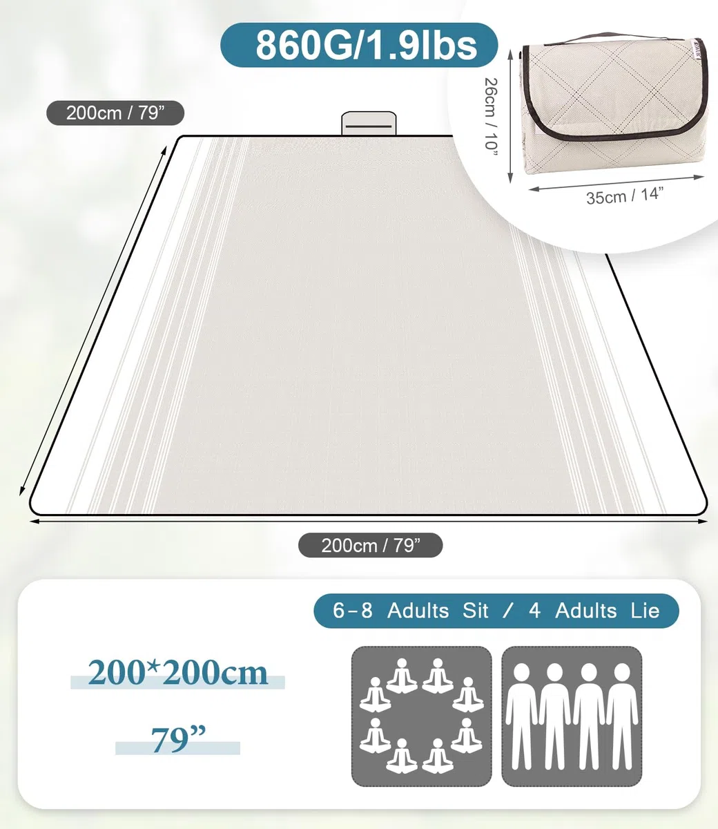 DEWUR Coperta da picnic, impermeabile, lavabile, coperta da spiaggia, senza sabbia, XXL, telo da spiaggia, isolante, con fondo impermeabile (Khaki, 200 x 200 cm)