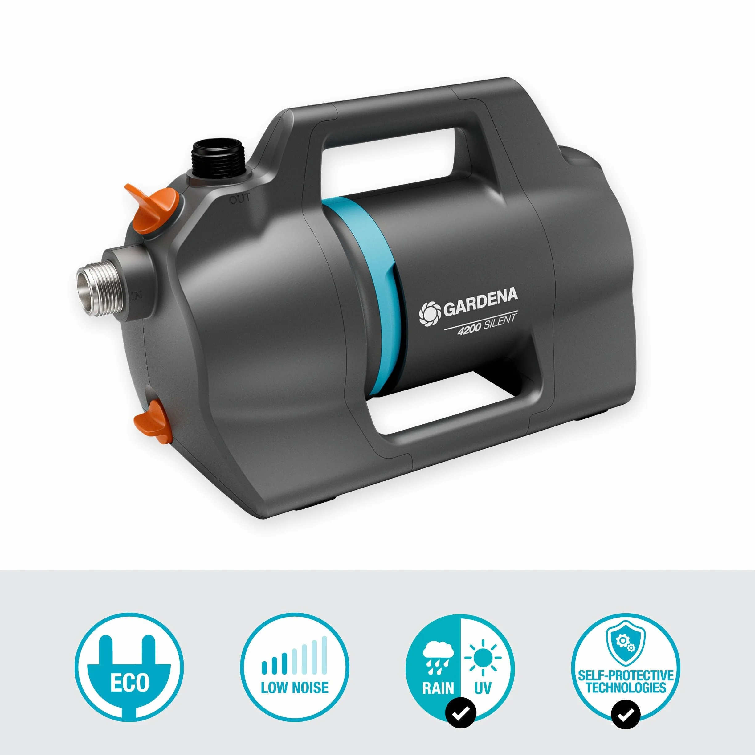Pompa da giardino Gardena 4200 Silent: Pompa per irrigazione molto silenziosa e innovativa, portata 4200 l/h, motore da 600 W, 3,9 bar, impermeabile, a risparmio energetico (9054-20)