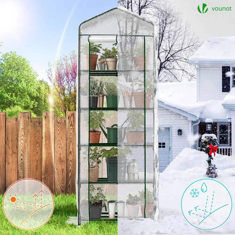 VOUNOT® Serra da Giardino a 5 Ripiani – Ideale per Balcone, Terrazzo ed Esterni, Serre per Piante con Telaio in Acciaio Robusto e Telo in PVC Rinforzato, 69x49x193 cm, Bianco