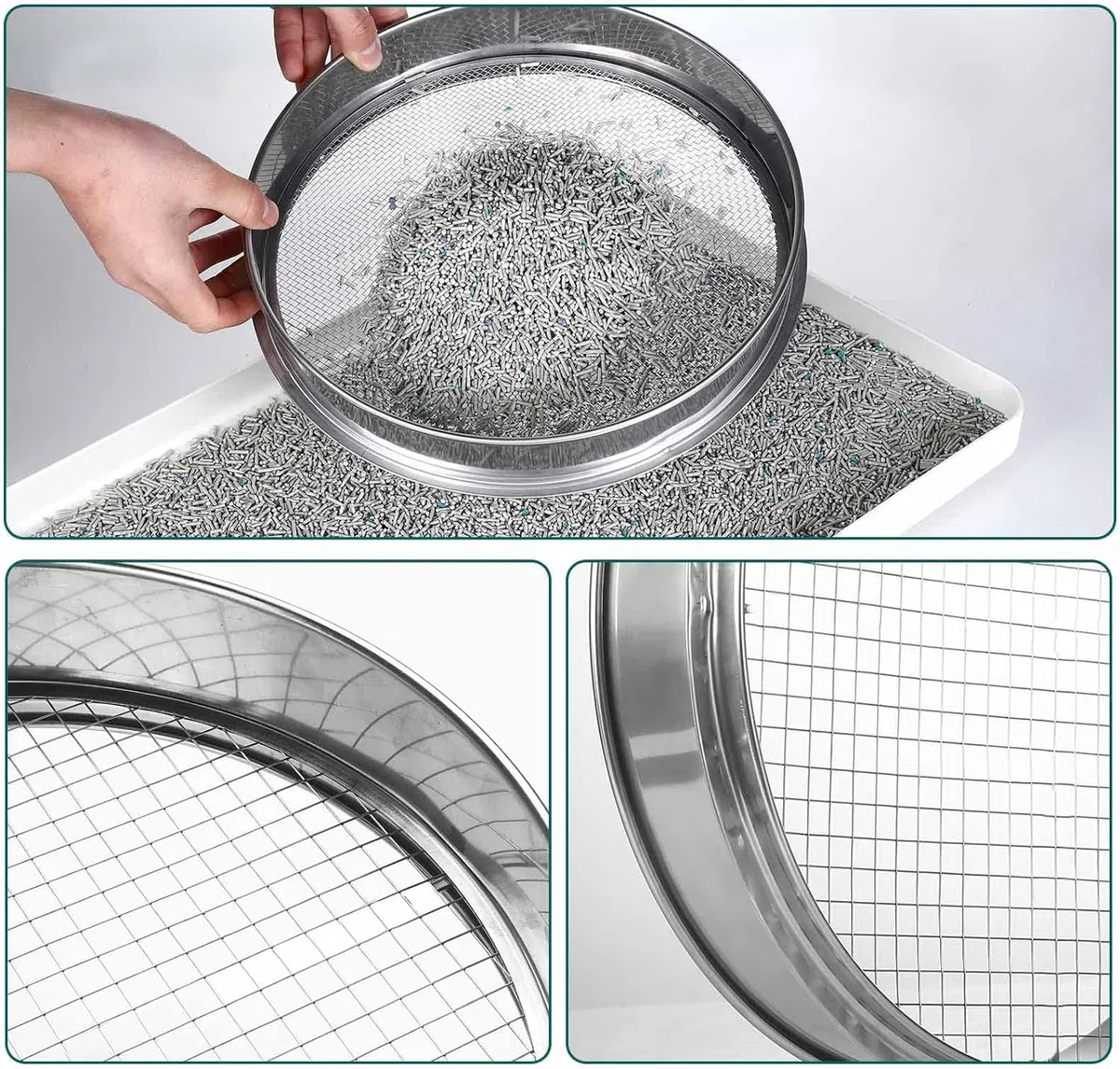 Set di Setaglio da Giardino Rotondo 30cm in Acciaio Inox con 5 Setacci Intercambiabili di 3/6/9/10/12mm, Attrezzi da Giardino per Setacciare Terreni, Semi, Pietre e Compost, Comprese Pale