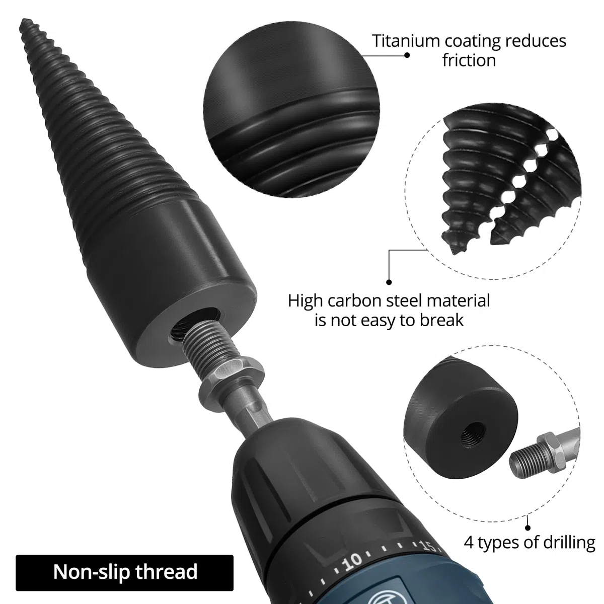 Spaccalegna per Trapano in Acciaio al Carbonio da 32 mm e 42 mm, con Tre Tipi di Maniglie Inclusi, Ideale per Uso Domestico e Outdoor