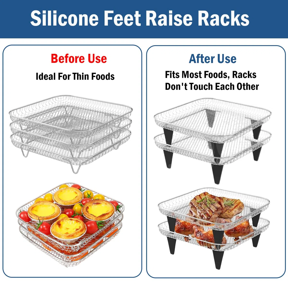 Griglia per Friggitrice ad Aria, 3 Pezzi, Impilabile in Acciaio Inossidabile, Cestello Multistrato per Frittura, Accessori per Friggitrice ad Aria con 4 Piedini in Silicone