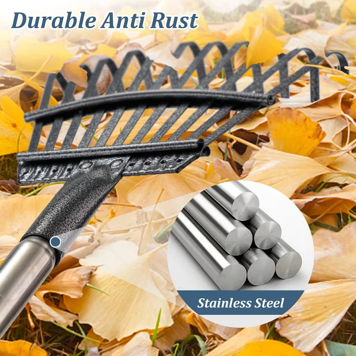 Rastrello da giardino Heavy Duty, per lavori di giardinaggio con 11 denti in metallo di larghezza 21 cm, aggiornato da 78 a 182 cm, manico lungo regolabile per livellamento Yard Cleanup Lawns, argento