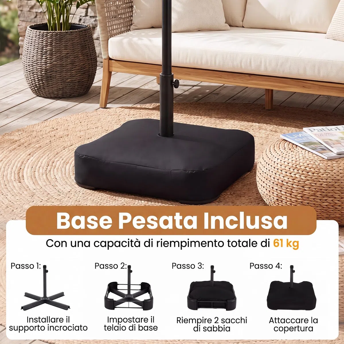 COSTWAY Ombrellone da Giardino Doppio 370 x 220 cm, con 12 Stecche, 108 Luci LED Solari, 12 Modalità, 3 Prese d'Aria, Manovella e Base, Anti-UV, per Spiaggia, Piscina e Cortile