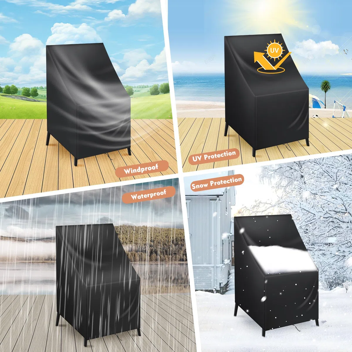 Cozary Copertura Sedie Esterno, 64x64x70/120 cm Impermeabile Copertura Protettiva per Sedie da Esterno, 210D Oxford Anti-UV Copertura Mobili da Giardino - Nero