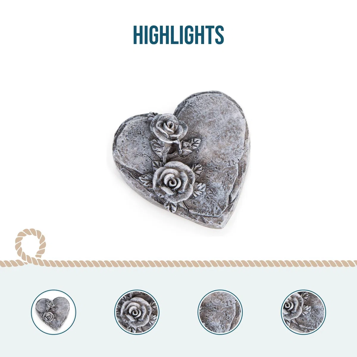 Cuore per tomba con rose piccolo: decorazione per cimitero resistente alle intemperie, cuore commemorativo per tomba e urna, pietra ricordo con rosa, decorazioni funerarie per Ognissanti, 8 x 8 cm