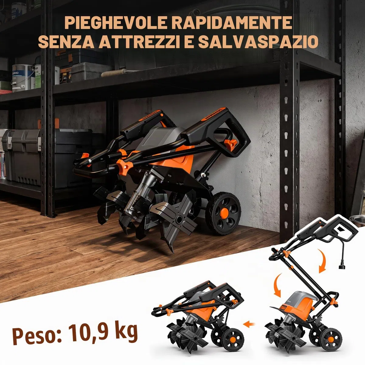 DOVAMAN Motozappa Elettrica 1800W, 46 cm Larghezza di Lavoro, 20 cm Profondità, 6 Lame in metallo, Ruote Regolabili a 4 Posizioni, Manico Pieghevole-T03