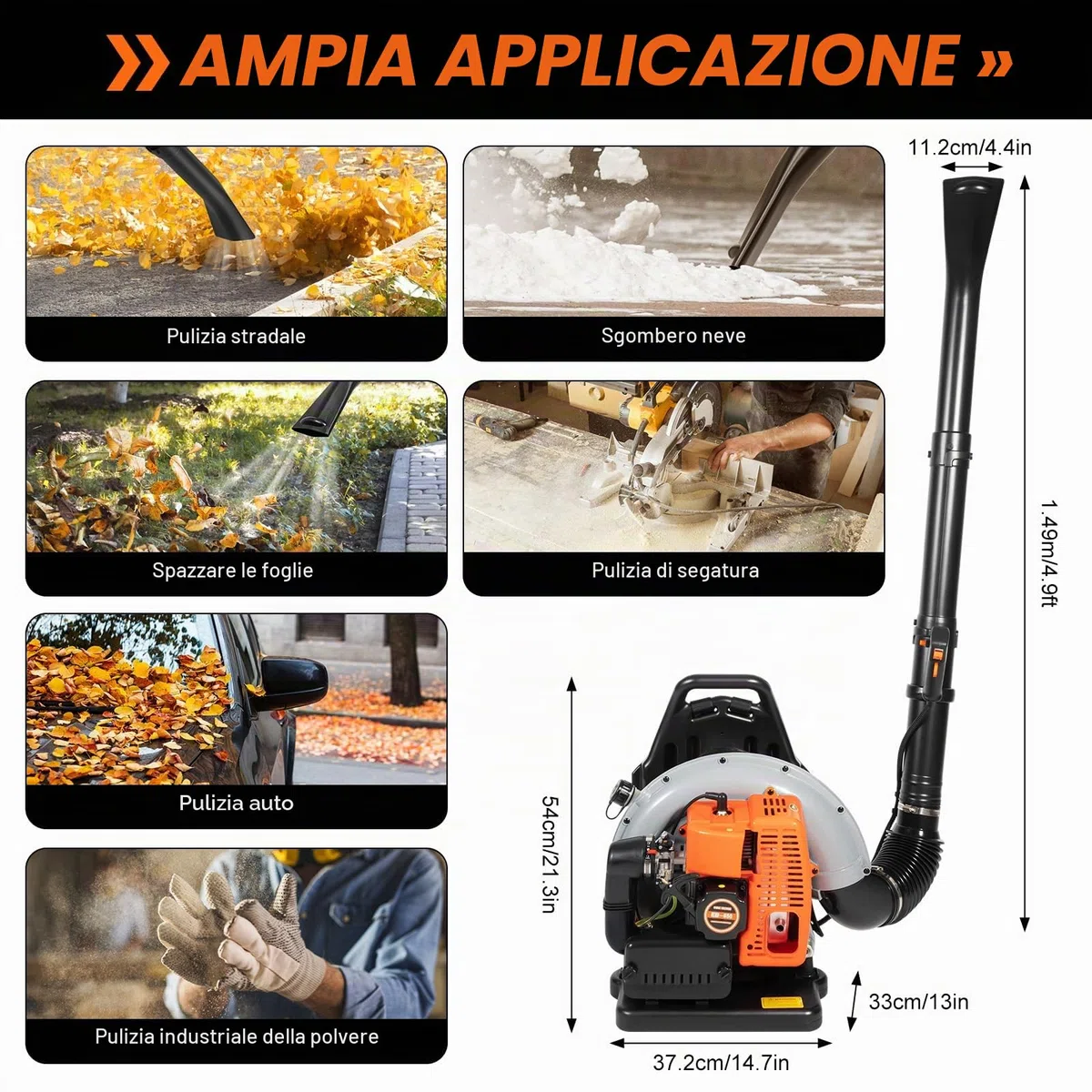 Soffiatore a zaino a benzina da 65 cc, motore raffreddato ad aria, leggero, senza fili, con cinghie di comfort migliorate e attrezzature di sicurezza, per giardino, foglie, polvere e neve