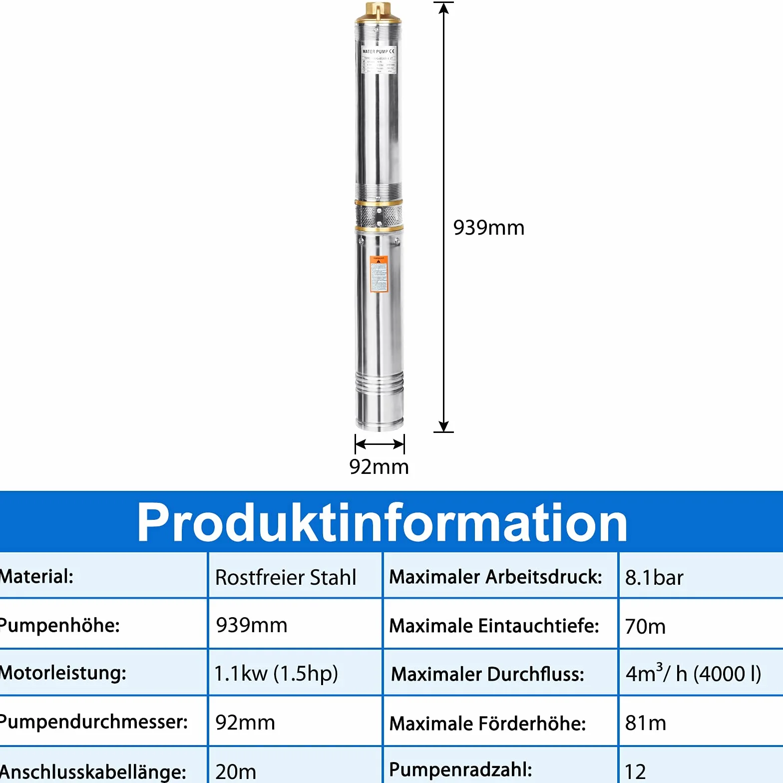LARS360 Pompa per fontane profonde da 4 pollici, 1,1 kW, in acciaio inox, compatibile con sabbia fino a 4.000 l/h, controllo sabbia, pompa a immersione, diametro 92 mm