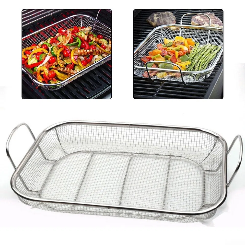 Griglia per verdure in acciaio inox resistente, 38 x 28 cm, grande griglia quadrata per barbecue per grigliare verdure, carne, frutti di mare, accessorio da cucina all'aperto resistente alla