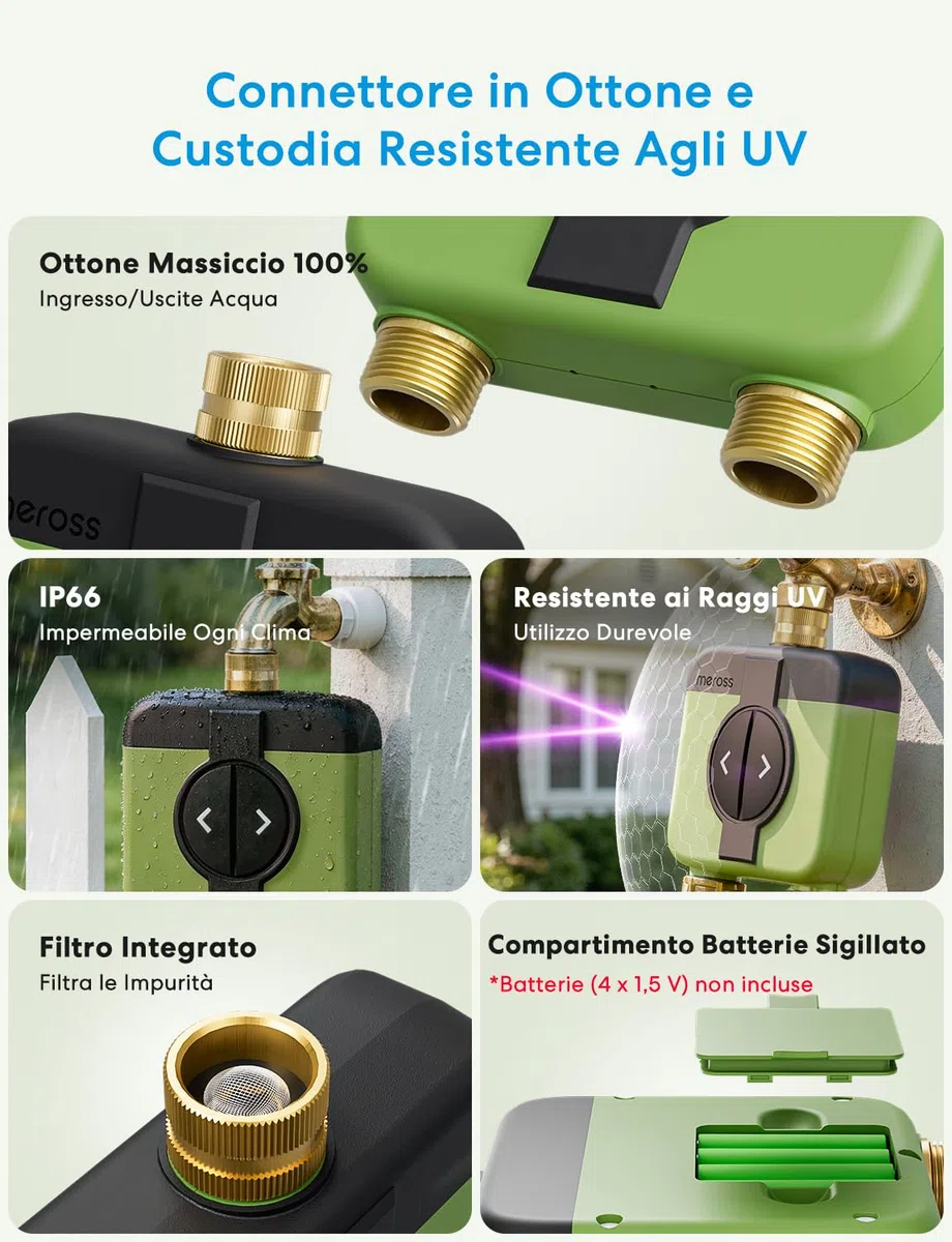 Meross Centralina Irrigazione WiFi 2 Vie MST200, Irrigazione Automatico & Controllo Remoto, Ritardo Pioggia & Monitoraggio Consumo Acqua, Compatibile con Apple Home, Alexa e Google Home, Verde, 2.4GHz