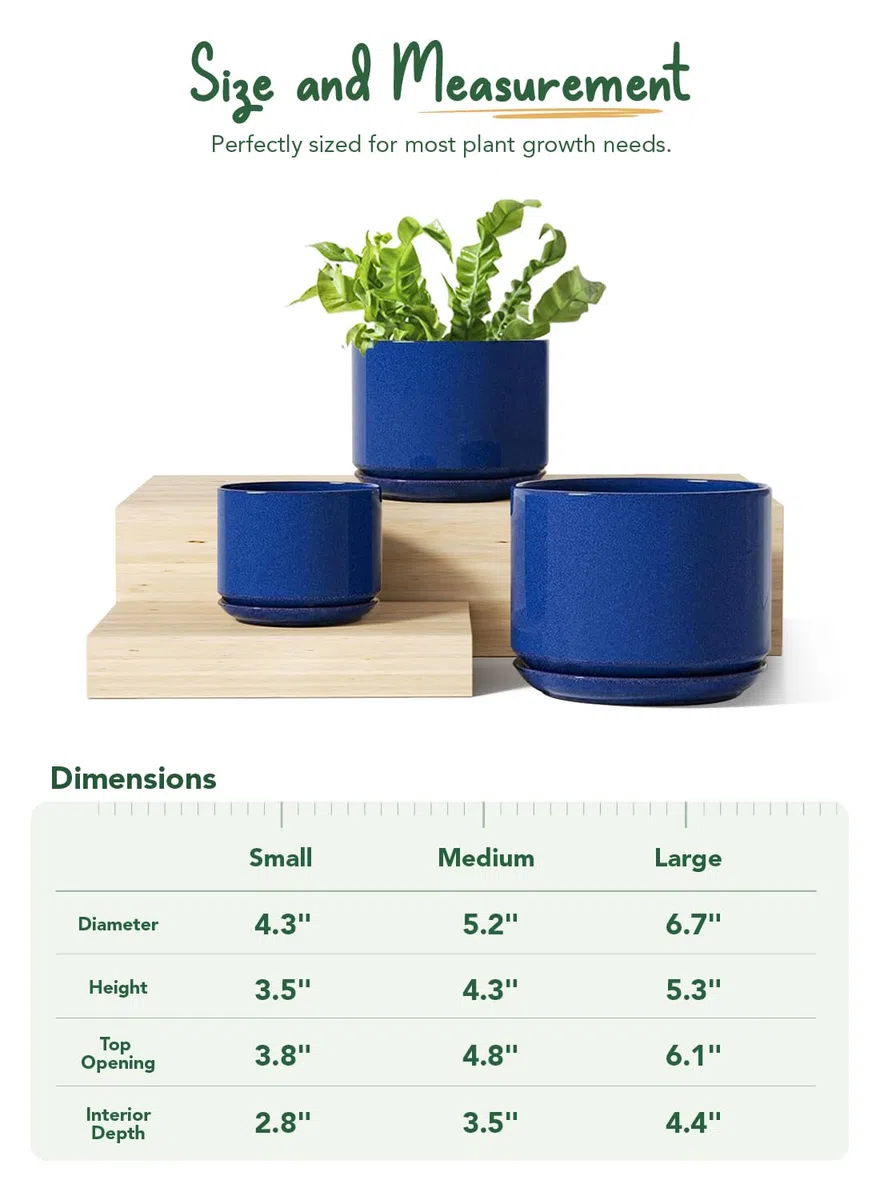 LE TAUCI Set da 3 Vaso in Ceramica per Piante, 11+13+17 cm di Diametro Vaso per Piante da Interno, Vasi Piccoli con Sottovaso e Foro di Drenaggio, Regali per la Mamma, Blu Zaffiro