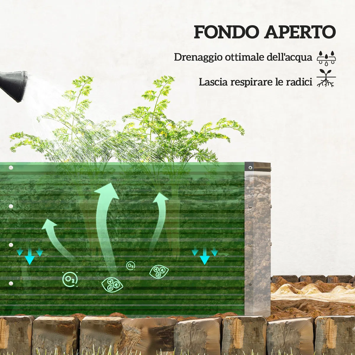 Outsunny Letto per Orto Rialzato da Esterno 210L, Fioriera da Balcone in Acciaio Galvanizzato con Fondo Aperto, per Piante, Fiori e Verdure, 125x47x44 cm, Verde