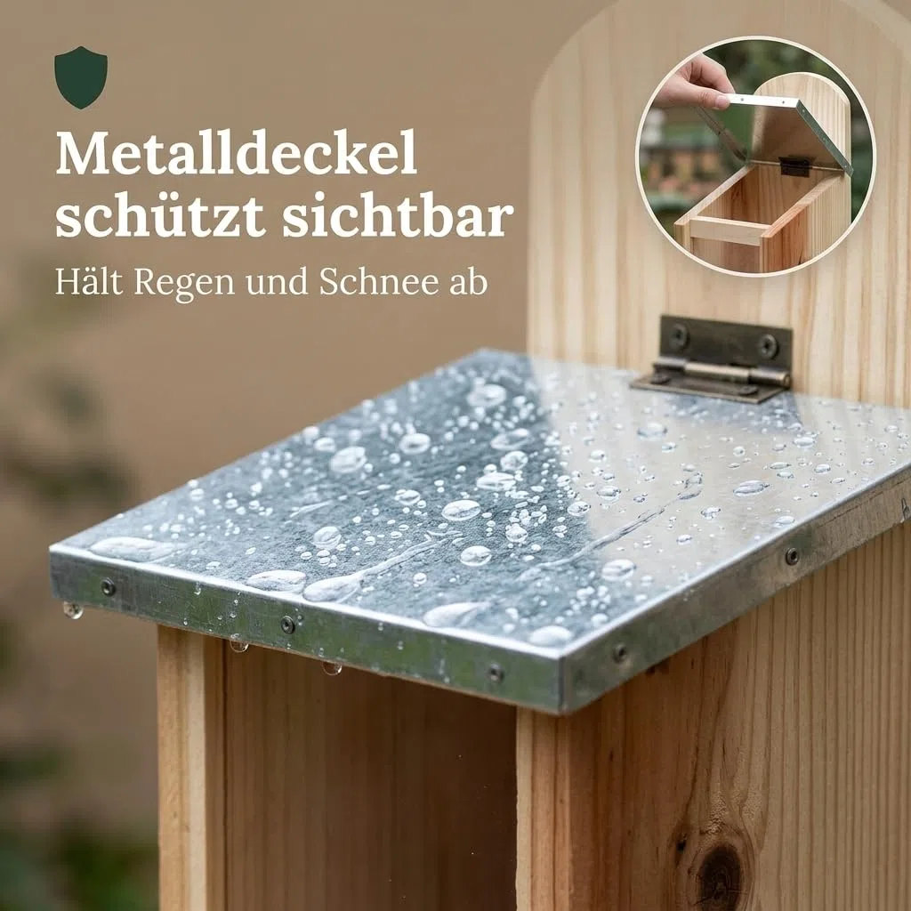MIJOMA Mangiatoia per scoiattolo in legno di abete – Resistente alle intemperie con coperchio ribaltabile in metallo – Ciotola in legno – Dimensioni circa 12 x 25 x 28 cm – Casa per scoiattoli per