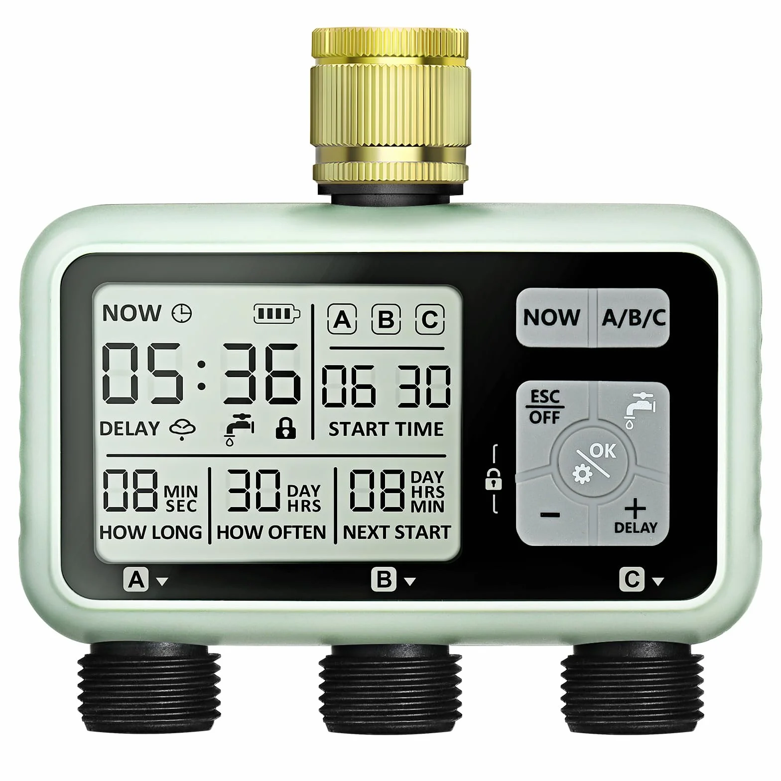 Johgee Computer di irrigazione 3 uscite indipendenti con ingresso in ottone, orologio digitale per irrigazione con ritardo della pioggia, controllo automatico/manuale di irrigazione, timer per