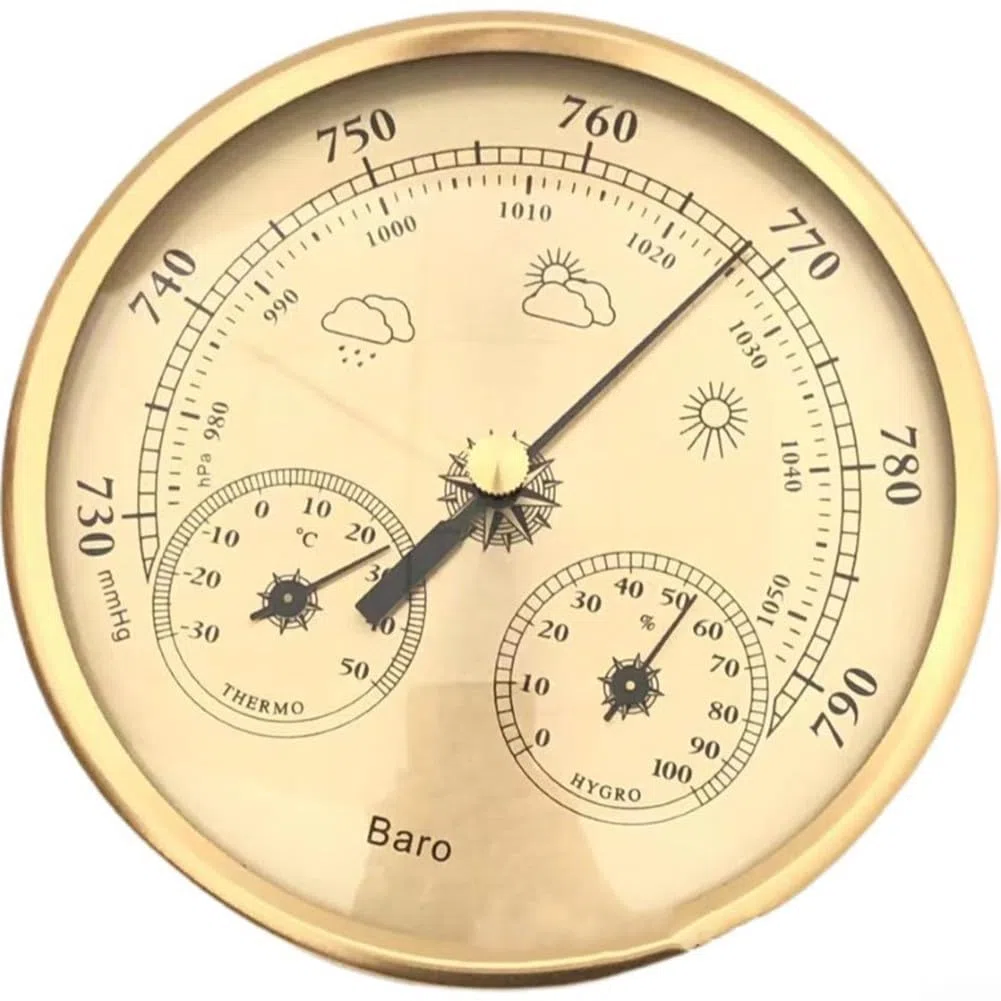 Zilimontt Barometro analogico con termometro e igrometro, stazione meteo 3 in 1 per interni ed esterni, telaio in acciaio inossidabile (oro), design orientato all'utente per una facile lettura