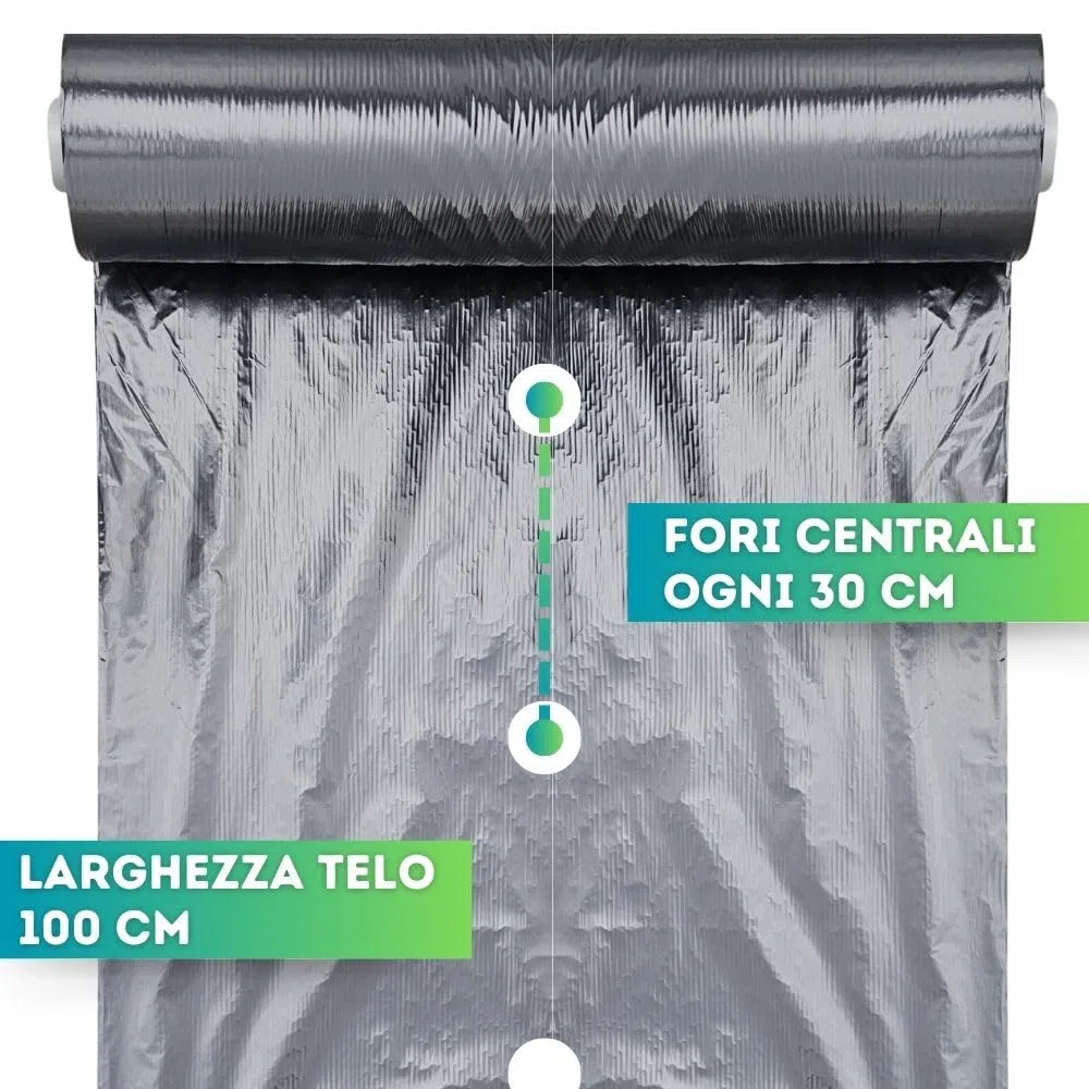 DI GIULIO SRL Telo Nero Pacciamatura 100 Metri x 1 Metro Larghezza con Fori Centrali Ogni 30 cm | Copertura Terreno Pacciamante Antierbacce | Bio Orto