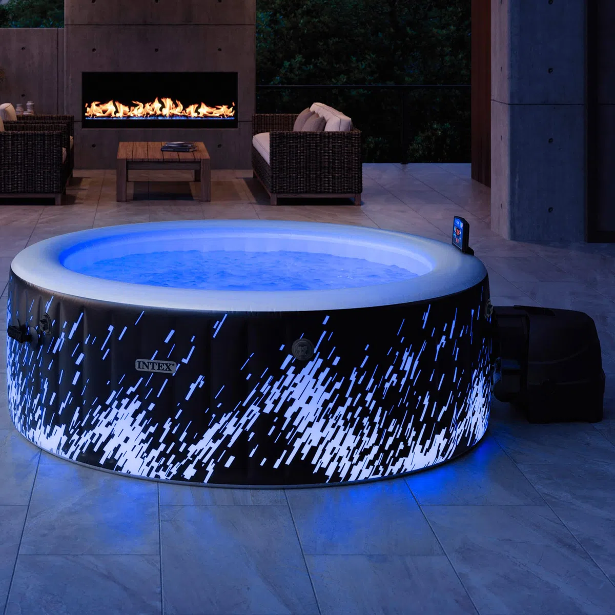 Intex 28494NP - Idromassaggio Gonfiabile Rotondo PureSpa Bubble Glow Deluxe, 4 Posti, 140 Getti, PVC, LED Multicolore, 196x71 cm