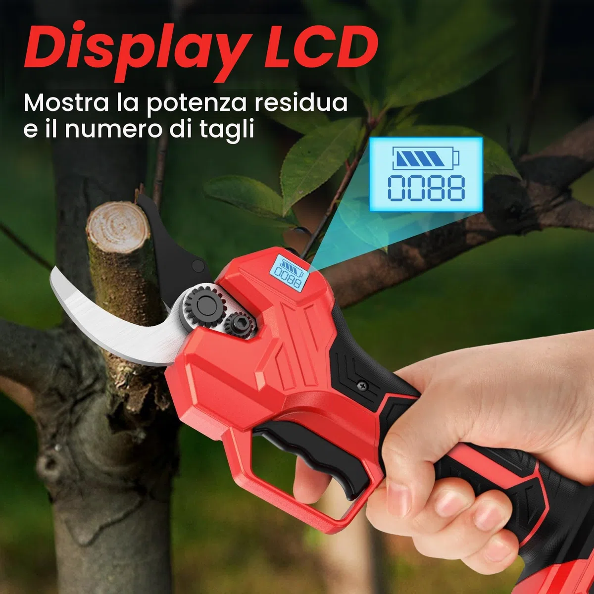 Forbici Potatura a Batteria, 50mm Forbici Potatura con 800W Motore Brushless & Display, 2 Batterie Funzionare per 6-8 ore, Compatibile con batterie Makita da 18 V, per Frutteto,Giardino,Fattoria