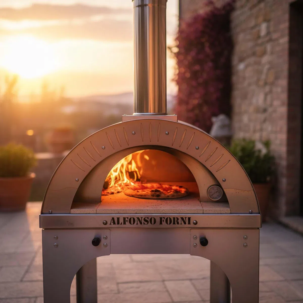 Forno a legna da esterno Per Pizza, Pane, focaccia Alfonso 2 Pizze Con Carrello Antracite, mattoni refrattari, biscotto 3 cm, portina acciaio inox e pirometro 500 gradi, cottura diretta, Made In Italy