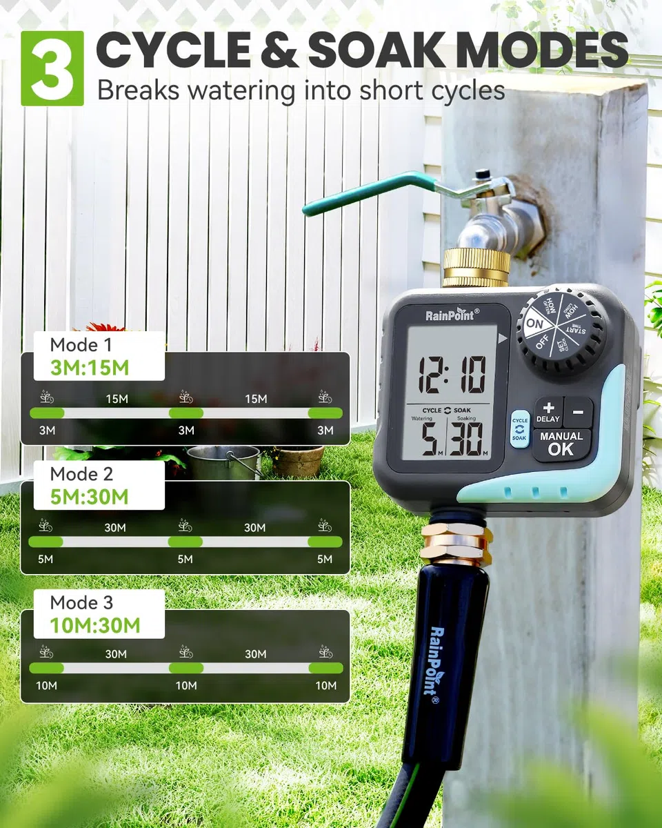RAINPOINT Timer irrigatore per tubo da giardino, timer con ciclo e ammollo/ritardo pioggia/irrigazione automatica/irrigazione manuale, sistema di irrigazione programmabile con ampio display per prato