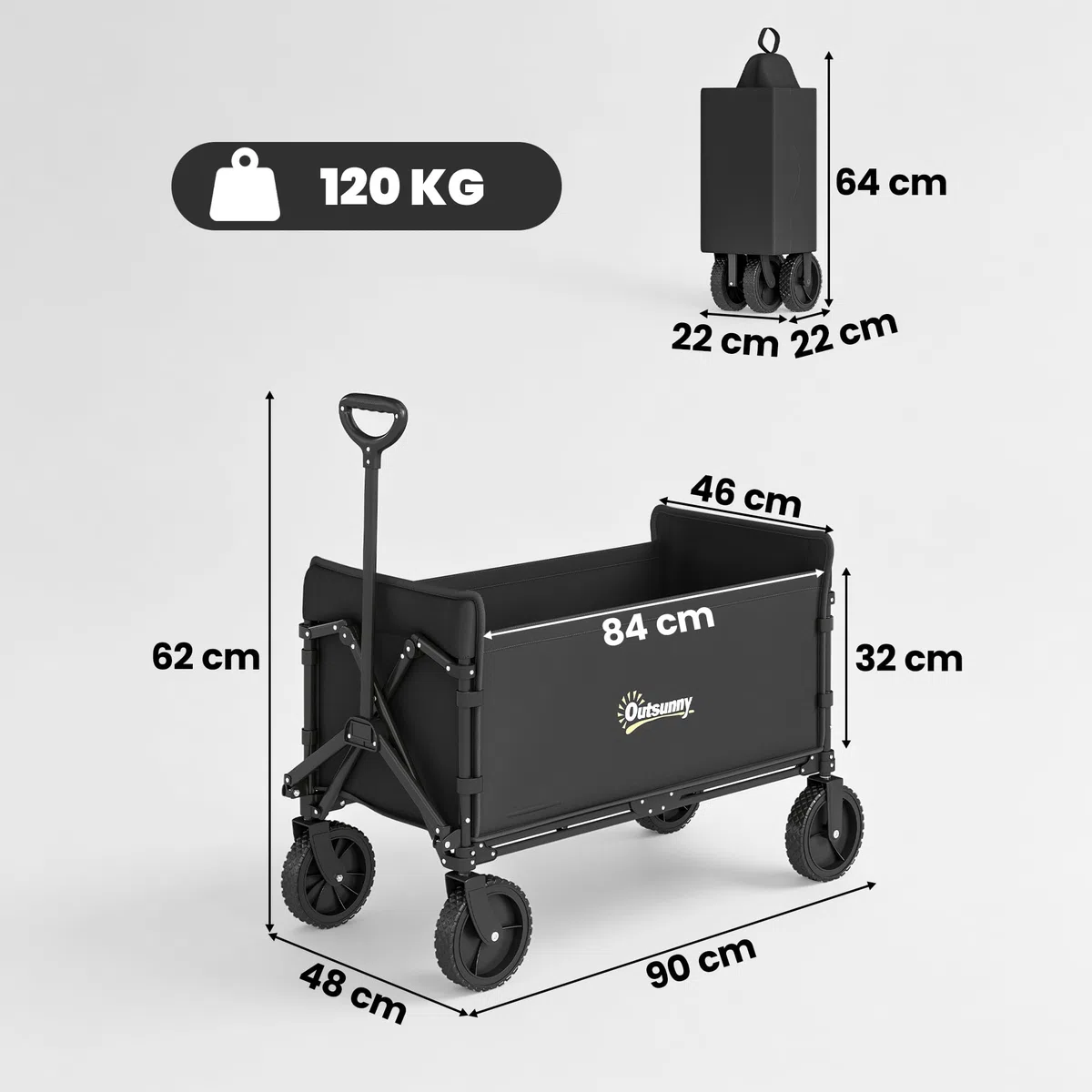 Outsunny Carrello da Giardino da 180L con 4 Ruote Girevoli, Carrello Spiaggia Pieghevole in Acciaio e Tessuto Oxford con Sacca Portaoggetti e Maniglia Girevole e Regolabile, 90x48x62 cm, Nero