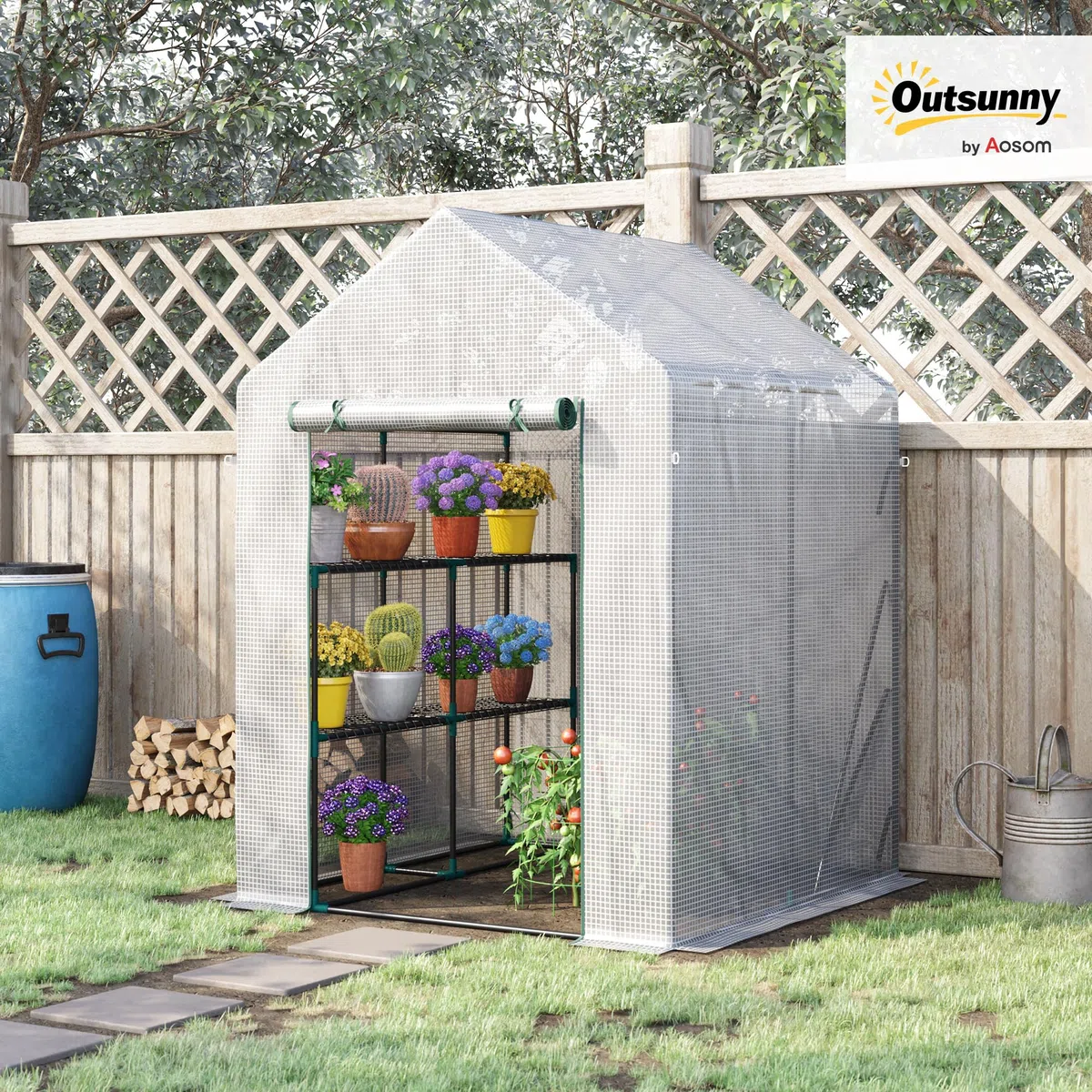 Outsunny Serra da Giardino in Acciaio e Copertura PE, Serra da Balcone per Piante con 2 Scaffali e Porta Avvolgibile, 143x143x195cm, Bianco