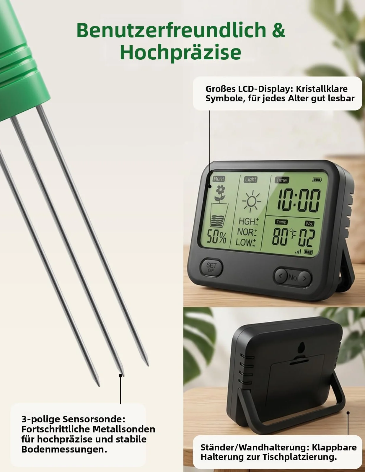 Umidimetro Senza Fili per Pavimento con Ricevitore LCD - Sensore 3 in 1 a 3 sonde (umidità, Temperatura, Luce), Raggio RF di 230 Piedi, Impermeabile, Lunga Durata (2 sensori)