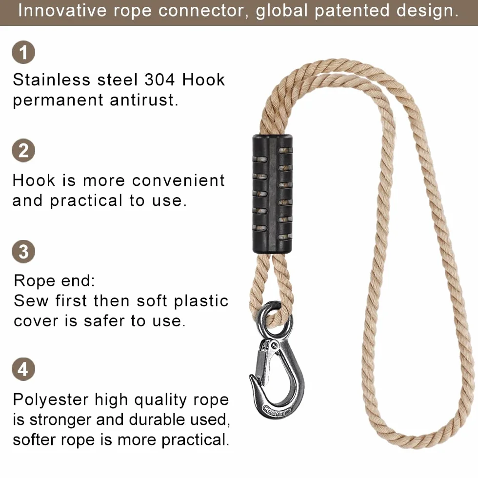 BeneLabel Corda per altalena per albero con gancio, 1,5 m, cinghie in poliestere (181,4 kg) per sedie sospese all'aperto, set di accessori, fino a 1134 kg, diametro 10 mm, naturale