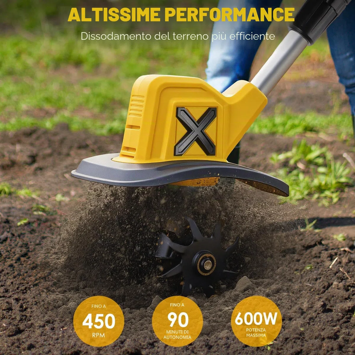 Motozappa a Batteria 21V: Zappatrice Elettrica Cordless 360 RPM con 2 Batterie 4.0Ah e Caricabatterie, Larghezza 23cm e Profondità 17cm, Fresa per Orto, Giardino e Terreni Induriti