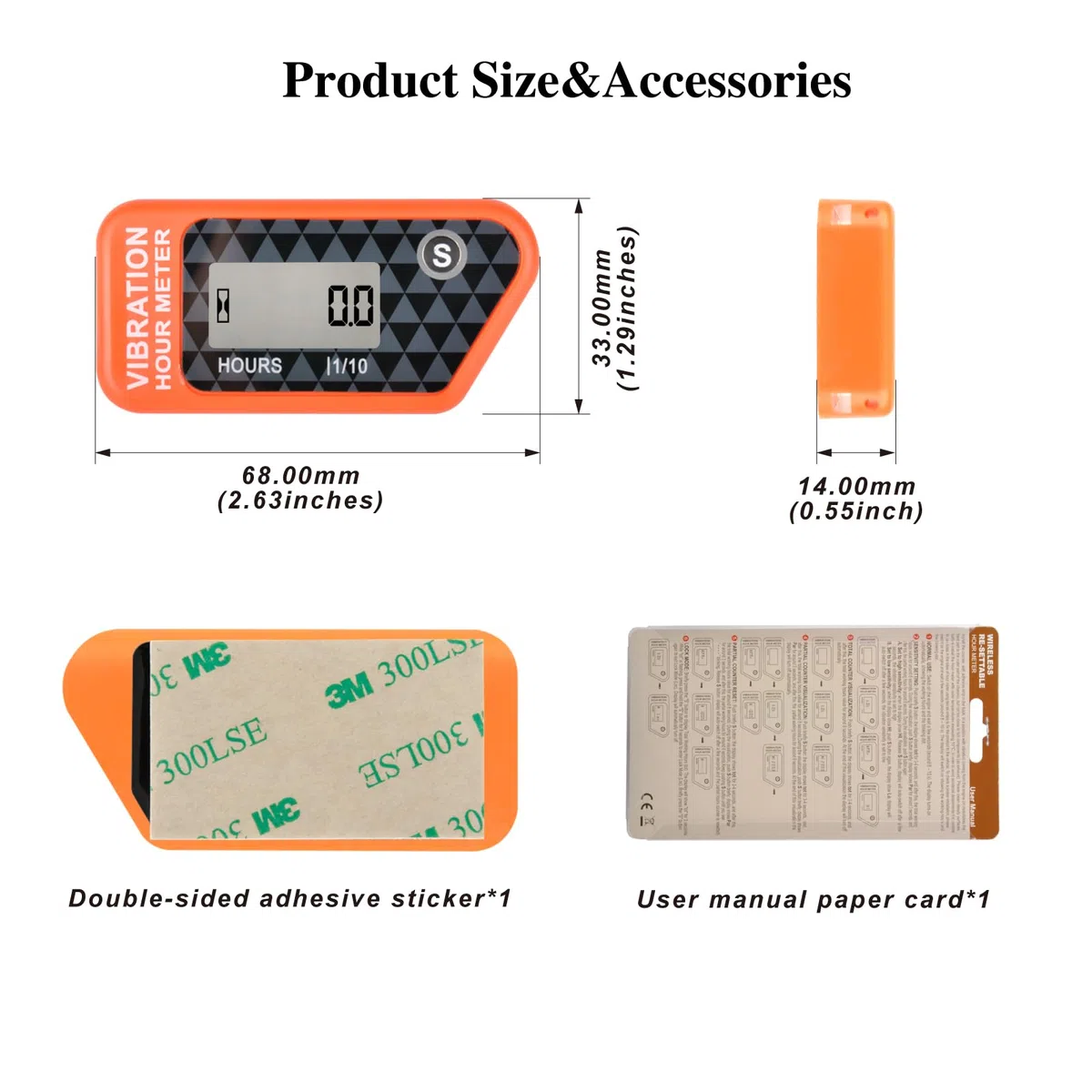 Jayron LCD Contaore a vibrazione impermeabile IP68 per tosaerba, Arancione | Autoalimentato, senza cablaggio, ore totali non azzerabili, timer TMR azzerabile, 3 sensibilità, blocco per trasporto