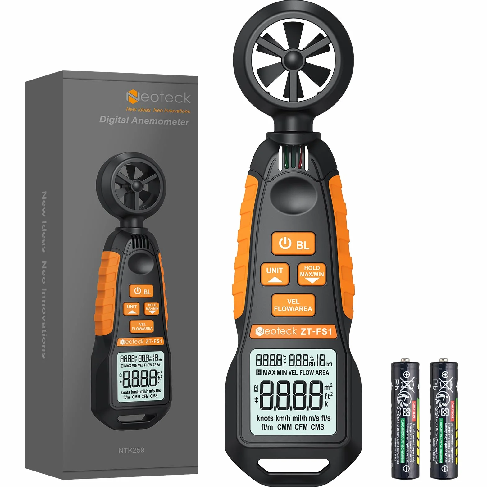 Neoteck Anemometro Digitale con LCD Retroilluminato Misuratore di Velocità del Vento Misura la Temperatura e Umidità del Vento Velocità CFM Anemometro per Barca Windsurf Vela Attività all'aperto