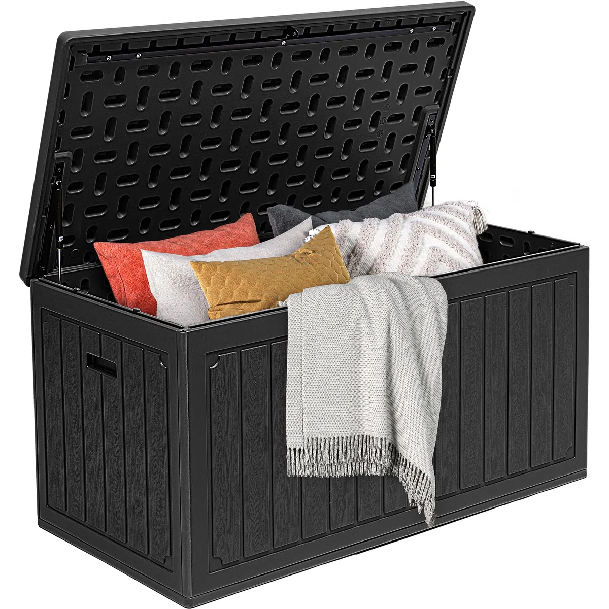 DWVO Scatola portaoggetti in resina da 340 l, impermeabile, a doppia parete, con struttura in legno, portaoggetti da giardino con serratura che funge anche da tavolo o panca (capacità 204 kg), nero