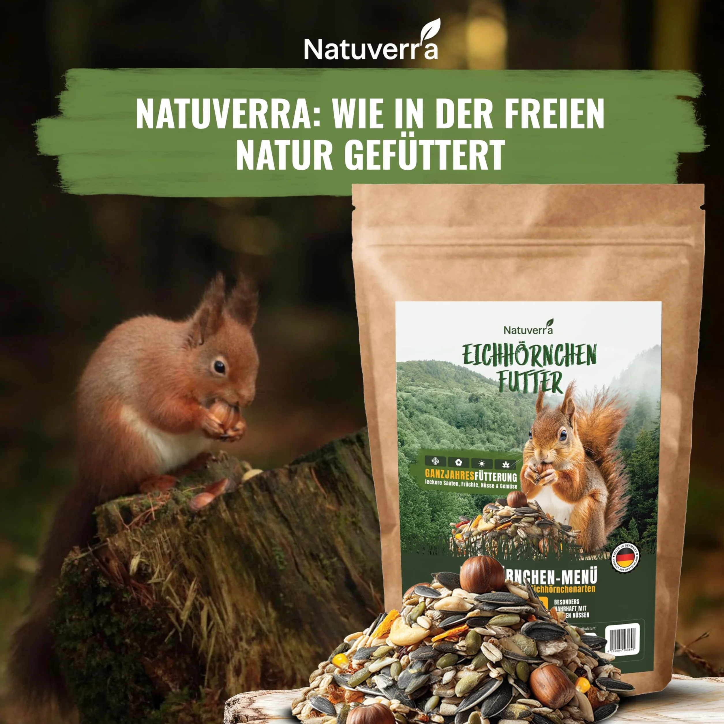 Menù per scoiattolo, 1 kg, mix premium di semi, cereali, noci, frutta e verdura, ricco di proteine ed energia, cibo tutto l'anno per scoiattoli e scoiattoli, richiudibile