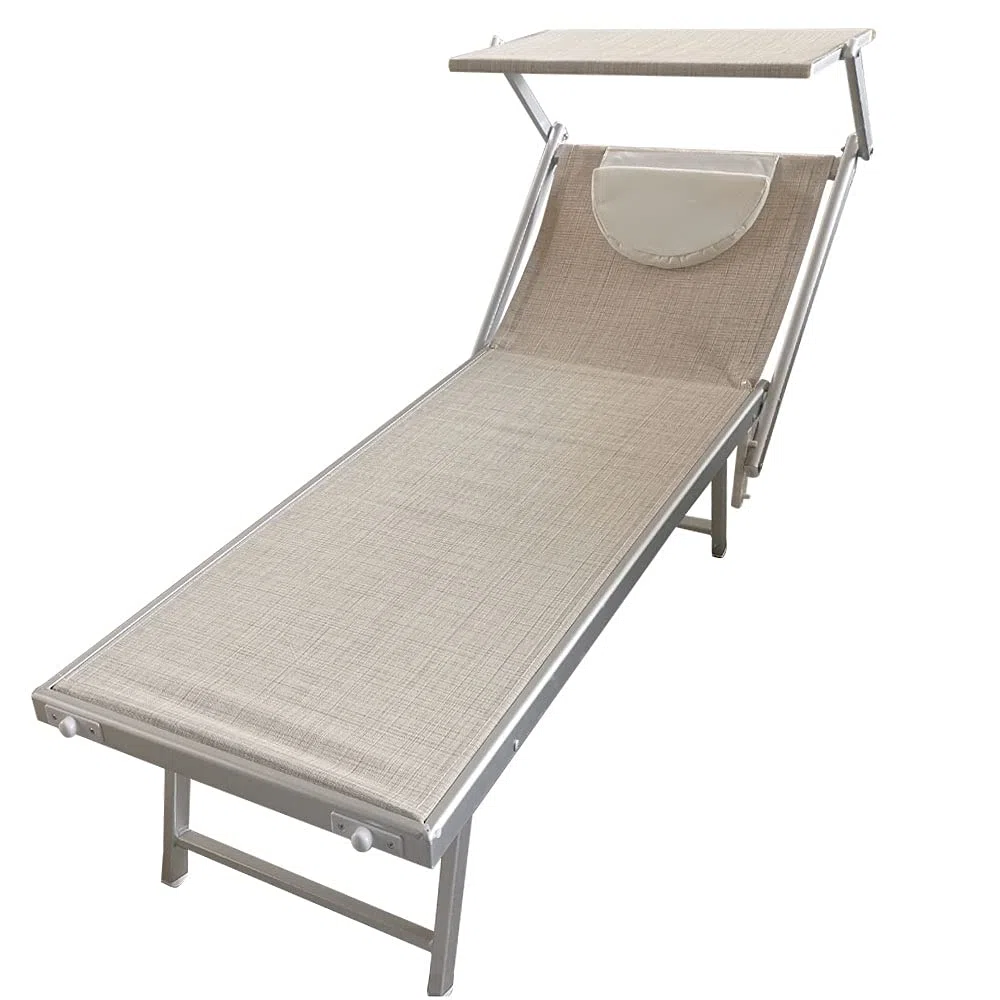 BAKAJI Lettino Prendisole Pieghevole da Mare con Tettuccio Parasole e Cuscino Poggiatesta Sdraio Stabilimento Piscina Spiaggia Professionale in Alluminio e Textilene 189 x 61 x 38 cm (Beige Melange)